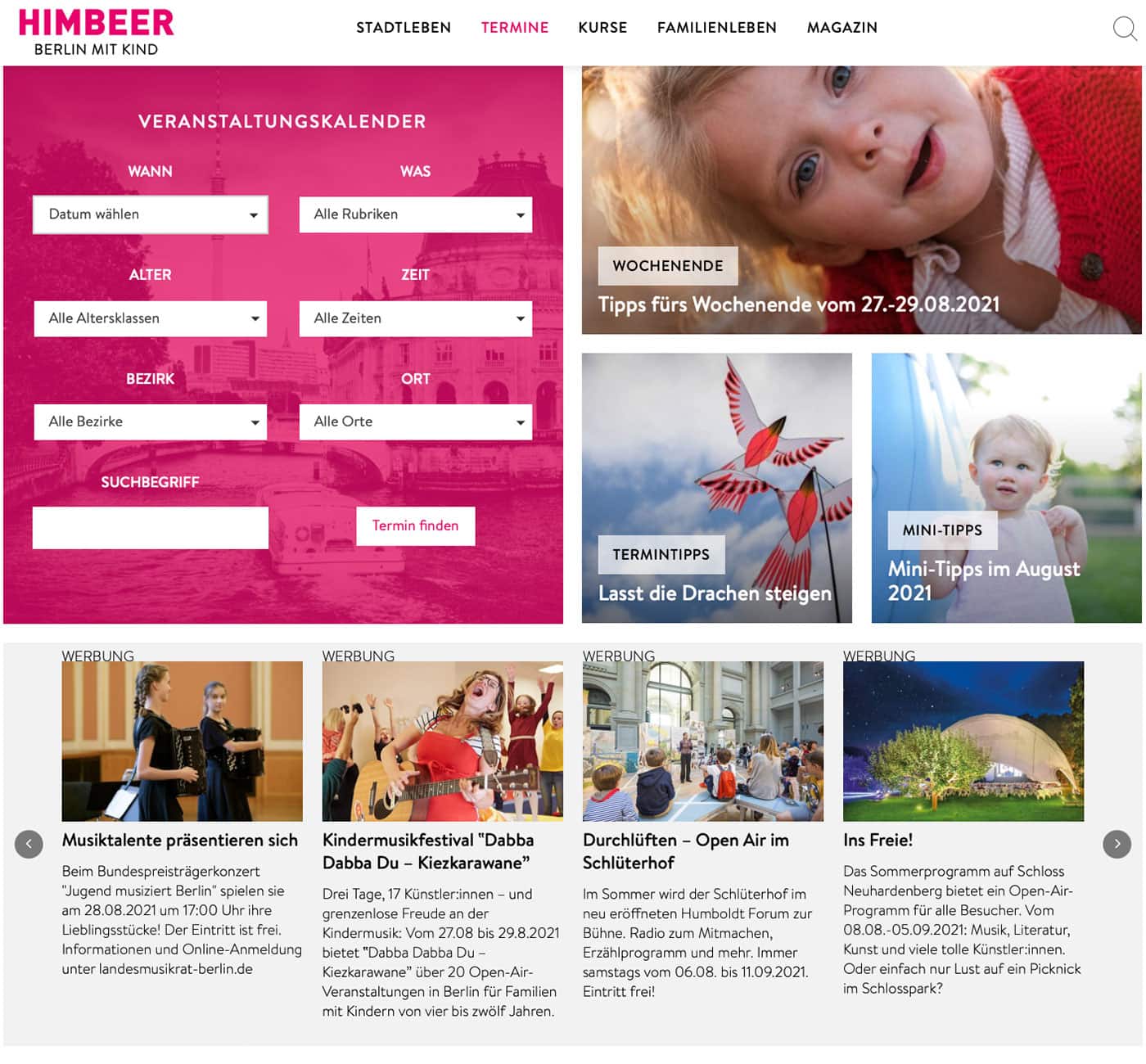 Online-Werbeformate auf berlinmitkind.de: Mit Top-Terminen gezielt Events bewerben // HIMBEER